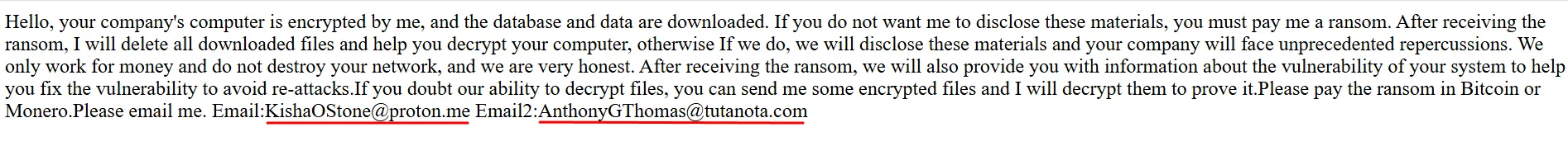 Figure 6: The ransom note containing 2 email addresses for the threat actors