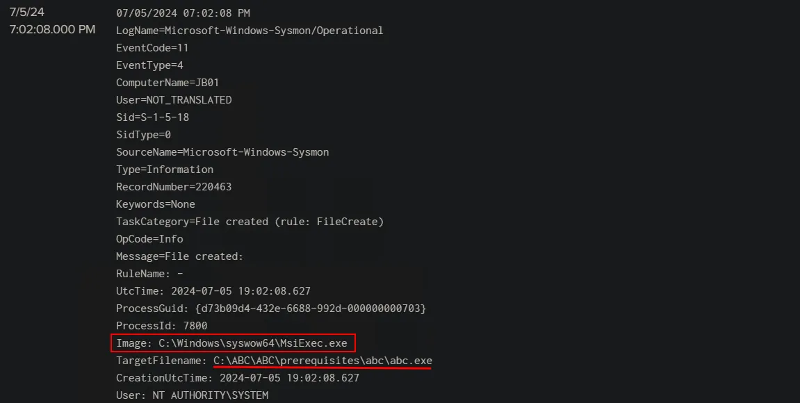 Figure 9: Msiexec as the parent process of abc.exe