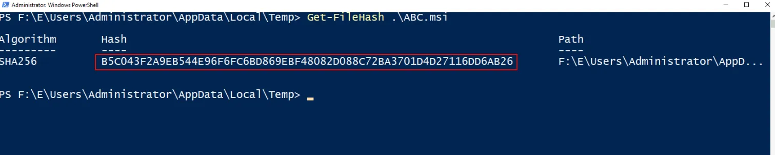 Figure 15: SHA256 hash for ABC.msi installer