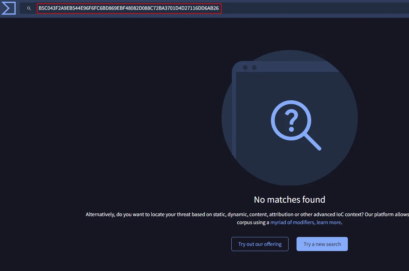Figure 16: VirusTotal search for ABC.msi installer with no matches found