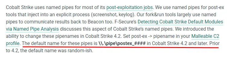 Figure 29: Cobalt Strike documentation about post-exploitation pipes