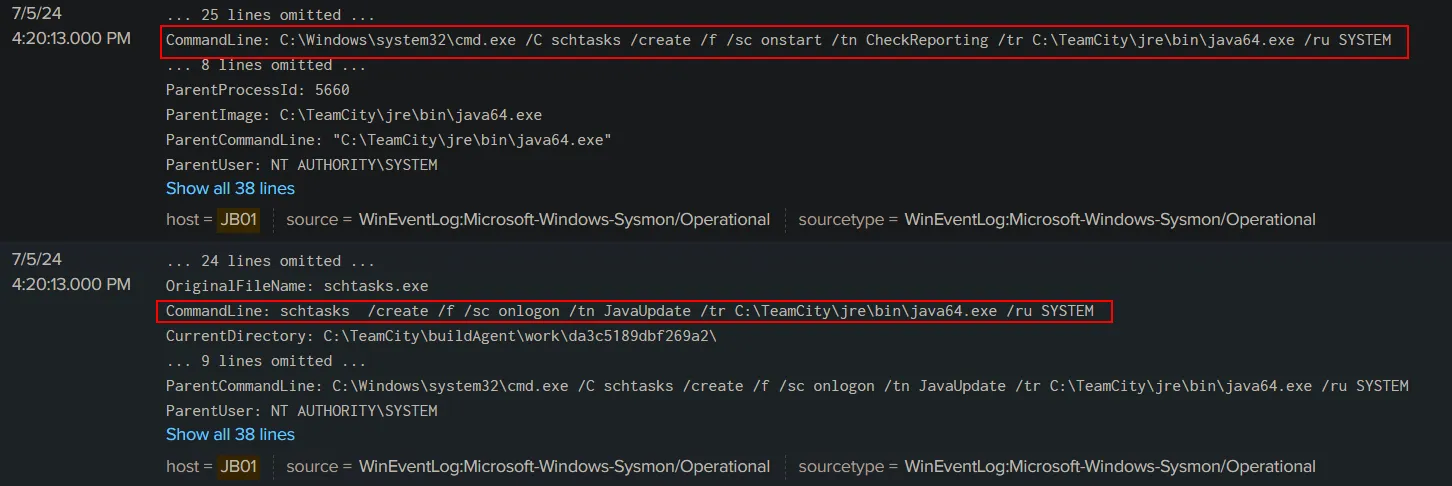Figure 31: Scheduled tasks created on JB01 for persistence