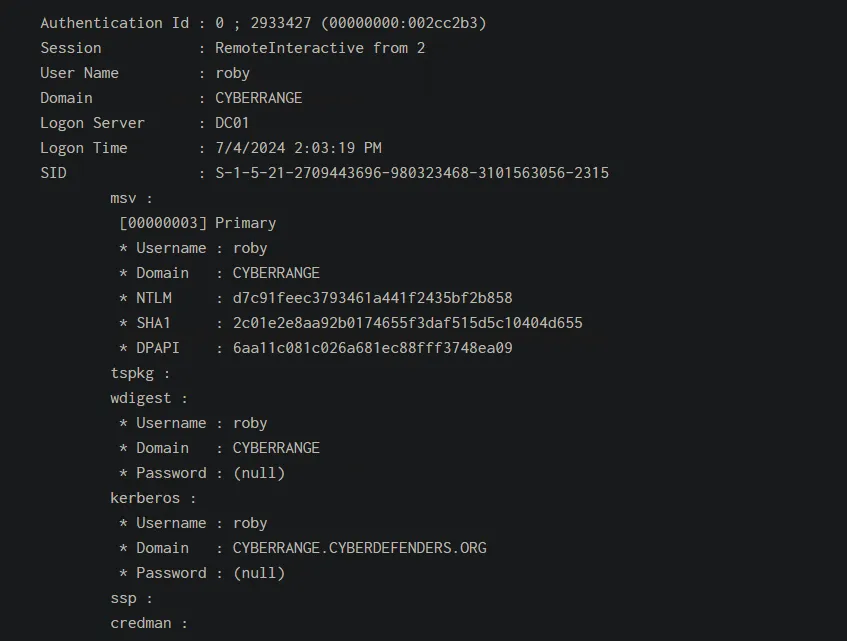 Figure 60: EID 4104: Domain admin account (roby) NTLM hash dump