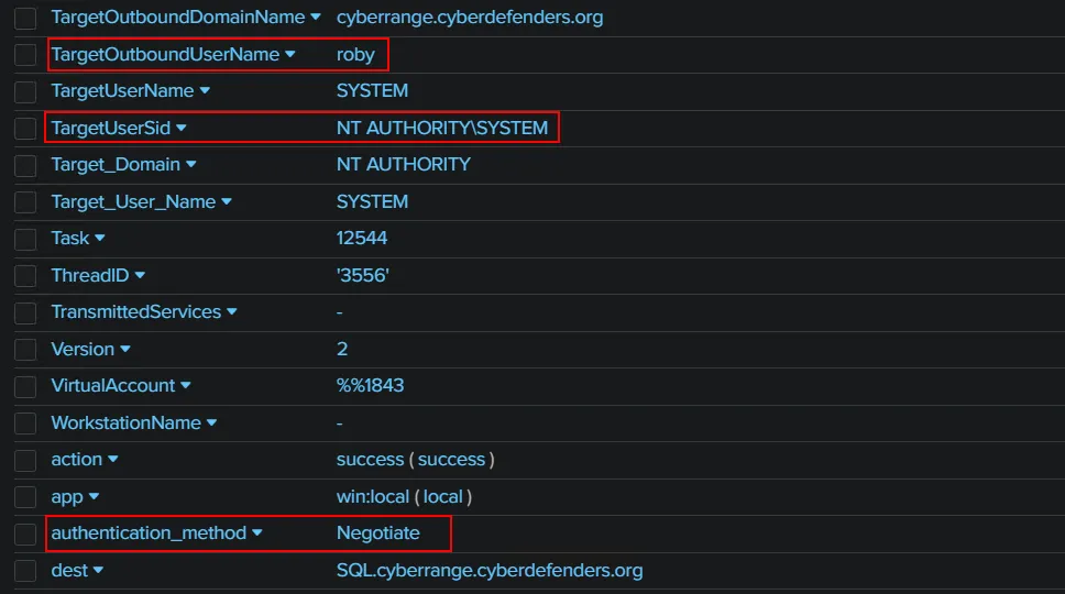 Figure 62: EID 4624: Successful logon using roby's account indicating PtH