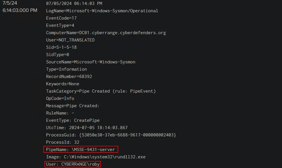 Figure 67: Cobalt Strike named pipe creation under domain admin context